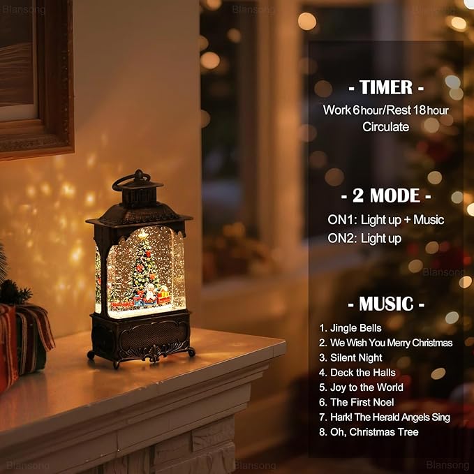 Christmas Tree Snow Globe Lantern Christmas Decorations Gifts Auto Snowfall Glitter Music Collection Snowman Train Candy Cane with 6H Timer USB/Battery Powered 10.2 inch-Ruum Studio Home