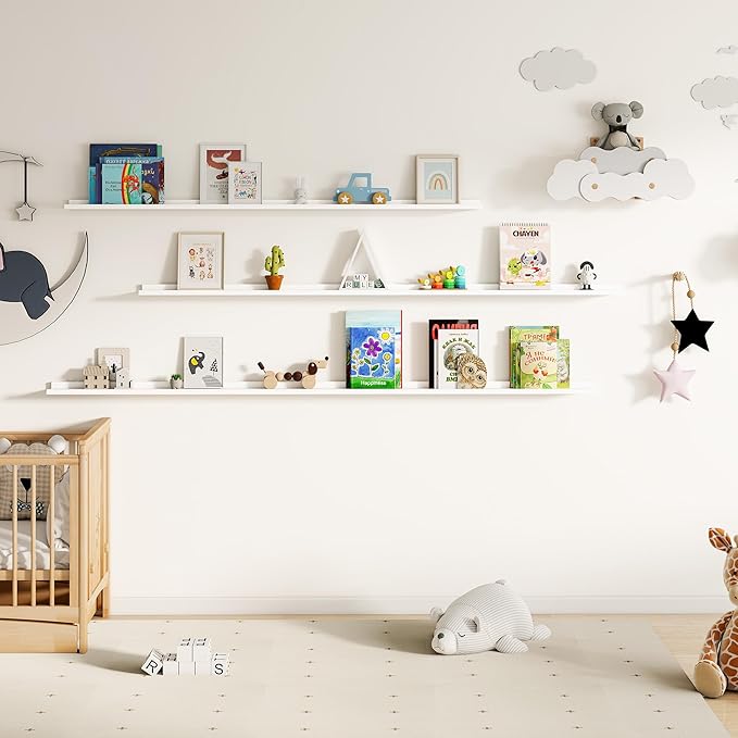 Floating Picture Ledge Shelves for Wall Set of 2, 95 Inches Picture Ledge Shelf with Long Large Nursery Book Shelf for Toys Storage Kids Bookshelf Wall Mounted Living Room Bedroom Decor Frames, White-Ruum Studio Home