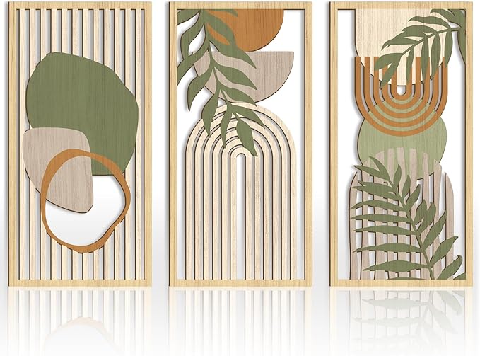 IARTTOP Boho Mid-century Modern Wood Wall Art 16x32 Inch Large Green Abstract Wood Wall Decor Mid Century Bohemian Artwork for Bedroom Living Room Office Kitchen Set of 3-Ruum Studio Home