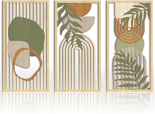 IARTTOP Boho Mid-century Modern Wood Wall Art 16x32 Inch Large Green Abstract Wood Wall Decor Mid Century Bohemian Artwork for Bedroom Living Room Office Kitchen Set of 3-Ruum Studio Home