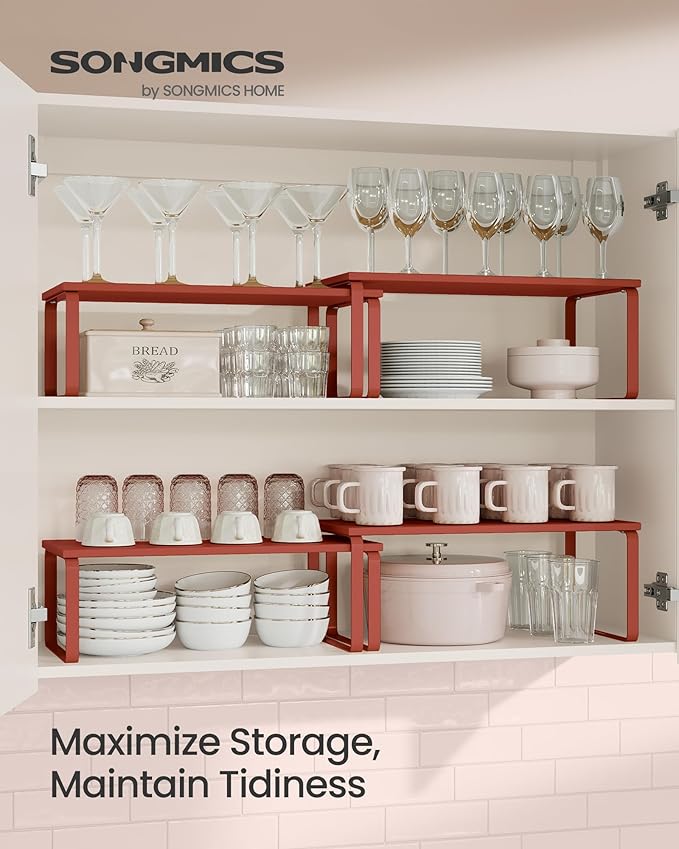 SONGMICS Cabinet Organizer Shelf, Set of 2 Kitchen Counter Shelves, Kitchen Storage, Spice Rack, Stackable, Expandable, Metal and Engineered Wood, Mandarin Red UKCS200Y02-Ruum Studio Home
