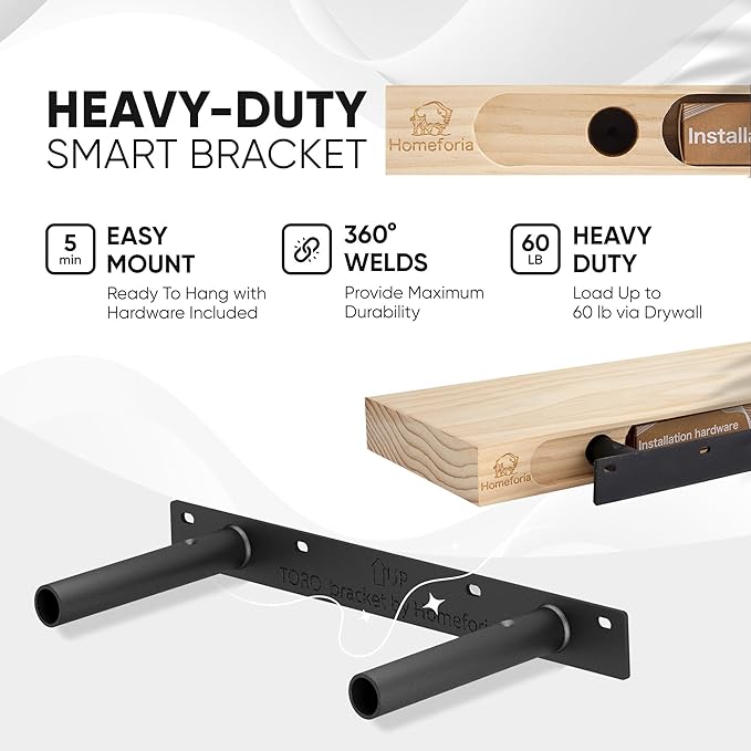 Homeforia Floating Shelf Black 12 inch, High End Solid Real Wood Small 12inch Floating Shelves for Wall Mounted, Black Wooden 12 in Floating Shelves, Heavy Duty Bracket, 12 X 6.5 X 1.75 inch, Set of 2