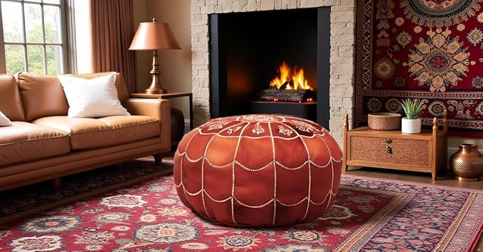 Stuffed Arch Design Moroccan Leather Pouf Ottoman, Handmade, Pre-Filled, 100% Genuine Leather, 14” Height x 22” Diameter – Boho Chic Footstool & Living Room Décor (Honey Cognac)-Ruum Studio Home