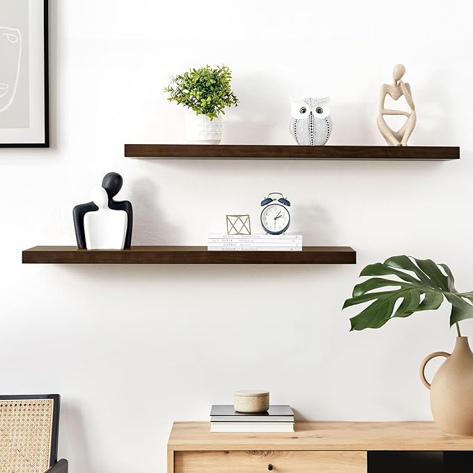 Floating Shelves 36 Inches Long - 8 Inch Deep Rustic Solid Pine Wood for Storage - Farmhouse Wall Mounted for Living Room - Heavy-Duty Metal Bracket - 36" W x 8" D - Set of 2 - American Walnut Color-Ruum Studio Home