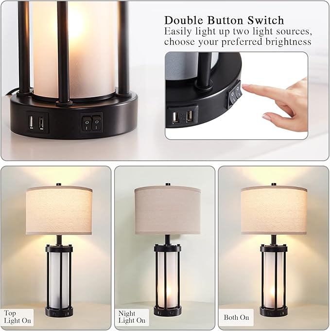 RORIA Set of 2 Modern Table Lamps for Living Room with 2 USB Ports, White Frosted Glass Nightlight for Bedroom, Contemporary Desk Lamps for Nightstand End Table Entryway, 4 Bulbs Included (Black)-Ruum Studio Home