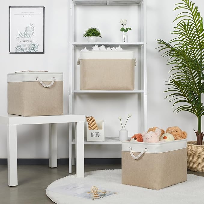 Bidtakay Large Storage Baskets for Organizing Fabric Closet Organizers Storage Bins with Handles 3-Pack 16x11.8x11.8 Inch Collapsible Baskets for Shelves Clothes Home Organization L-White&Beige-Ruum Studio Home