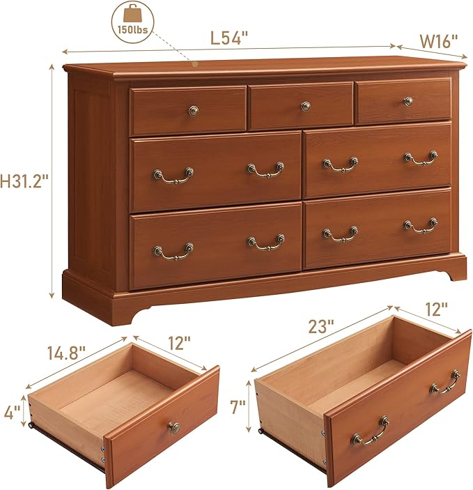 T4TREAM 7 Drawers Dresser Chests for Bedroom, Wood Vintage Chests of Drawers, Rustic Dressers Chset Organizer for Bedroom, Living Room, Hallway, Cherry-Ruum Studio Home
