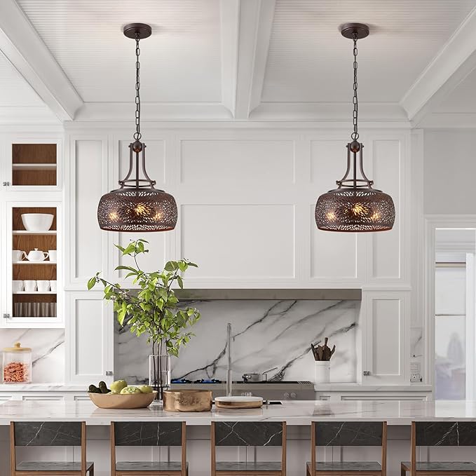 WUZUPS Chandelier Rustic Farmhouse Industrial Round Ceiling Pendant LED Light Fixture with Later-Cut Openwork Drum Shade, H 15.7" x W 13.4", Oil Rubbed Bronze-Ruum Studio Home