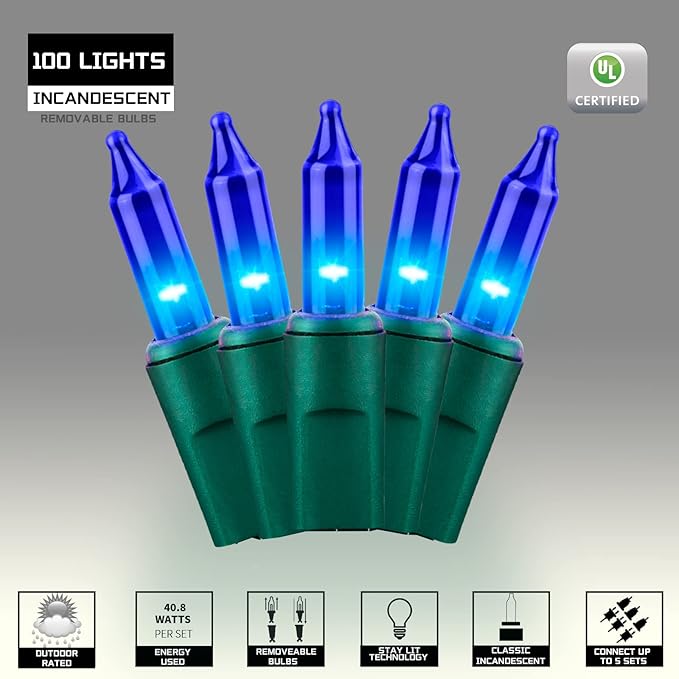 100LIGHTS BLUE Extra-Bright With End Connectors Christmas Decorative Lights 5.98m UL Certified Mini String Light Set Waterproof for Home Garden Holiday Christmas Tree Party Patio Decor Wedding-Ruum Studio Home