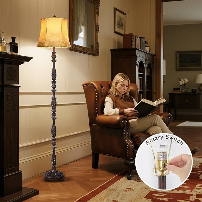 Scenekoy Vintage 66” Tall Floor Lamp for Living Room Bedroom, Retro Resin Carved Standing Lamp with Faux Leather Shade, 3-Way Dimmable Bulb, Rotary Switch Rustic Corner Light for Home Decor-Ruum Studio Home