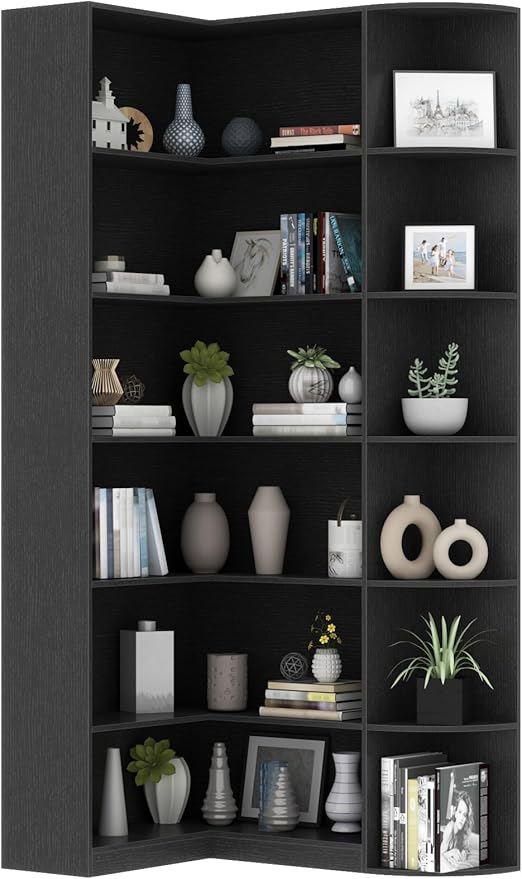 Loomie Black Book Shelf, 6 Tiers Shelf Large Tall Corner Etagere Bookcase with Full Baffle, L-Shaped Modern Storage Display Industrial Bookshelves for Bedroom, Home Office, Living Room & Kitchen,Black-Ruum Studio Home