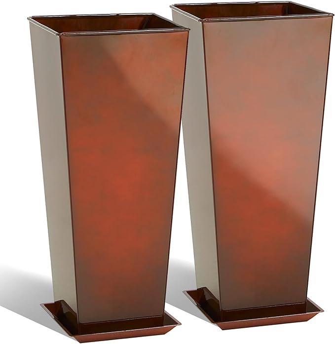 KOL 28''H. Tall Galvanized Steel Glazed Planter with Saucer, Set of 2, Planter Pots with Insert for Indoor & Outdoor Use, Decorative Flower Plant Pots for Front Porch, Patio, Deck - Reddish Brown-Ruum Studio Home