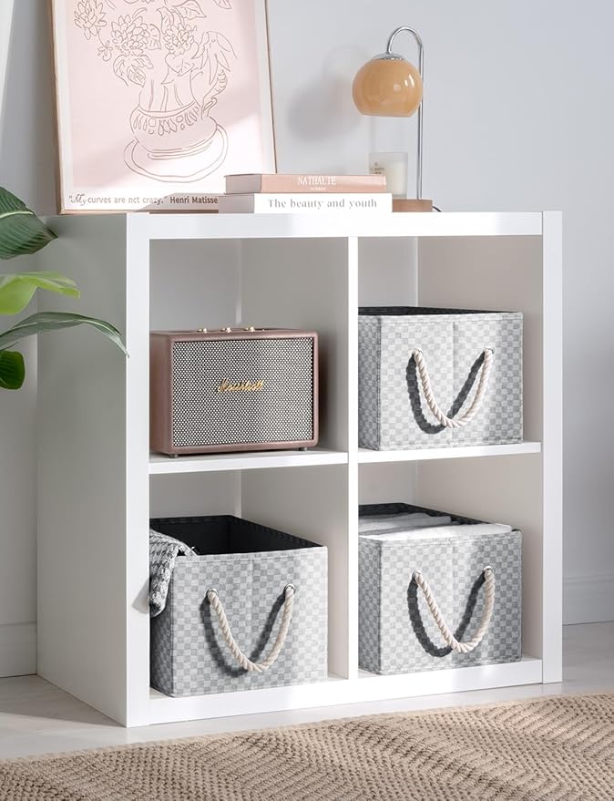StorageWorks Storage Baskets for Shelves, Foldable Fabric Closet Storage Bins with Handles, Fabric Storage Bins Clothes Organizer, Gray Check, 3-Pack, Large-Ruum Studio Home