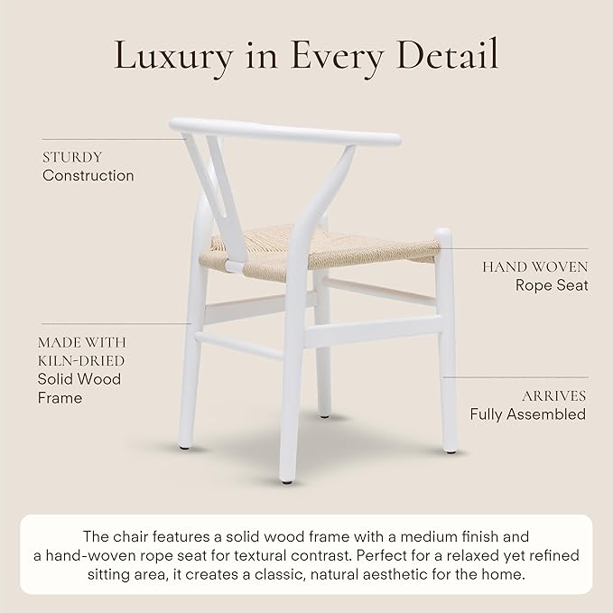POLY & BARK Weave Dining Chair – Mid-Century Modern Wishbone Dining Chair with Arms, Solid Wood Frame, Indoor Use – White – Single - Ideal for Dining Room, Kitchen or Stylish Accent Setting-Ruum Studio Home