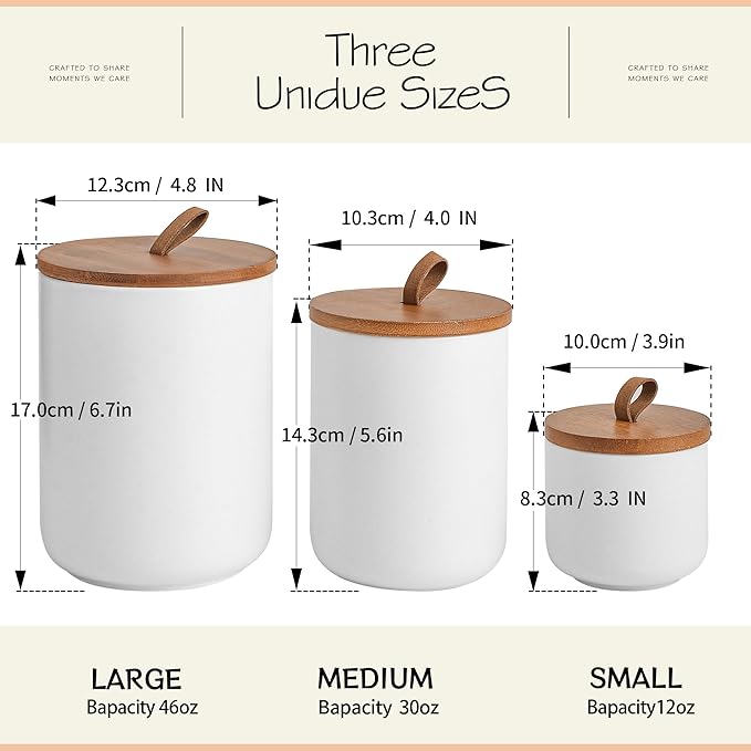 White Ceramic Canister Set with Bamboo Lids, 3-Piece Airtight Food Storage Jars for Kitchen - Flour, Sugar, Coffee, Tea, Spice - Small, Medium, Large Sizes-Ruum Studio Home