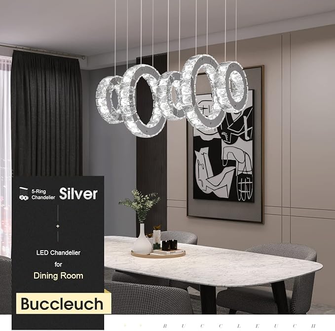 Buccleuch Modern Crystal Chandelier, Dimmable LED Ceiling Light Fixture 5-Ring Adjustable Stainless Steel Pendant Light, Silver Crystal Chandeliers for Dining Room, Bedroom, Living Room - Cool White-Ruum Studio Home