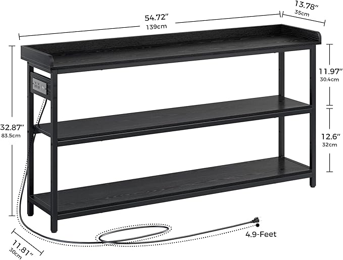 IRONCK Console Table, Sofa Table with Power Outlet, Farmhouse Hallway Table for Entryway, Living Room, Height Adjustable, Easy Assembly, Vintage Black,55"-Ruum Studio Home