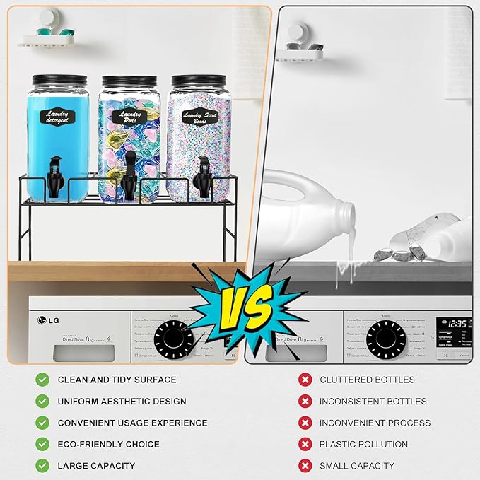 3-Pack 2.2L Glass Laundry Detergent Dispenser Set with Stand - Premium Liquid Soap Dispenser with PP Spigots, Measuring Cups, and Chalkboard Labels for Laundry Room Organization and Storage-Ruum Studio Home