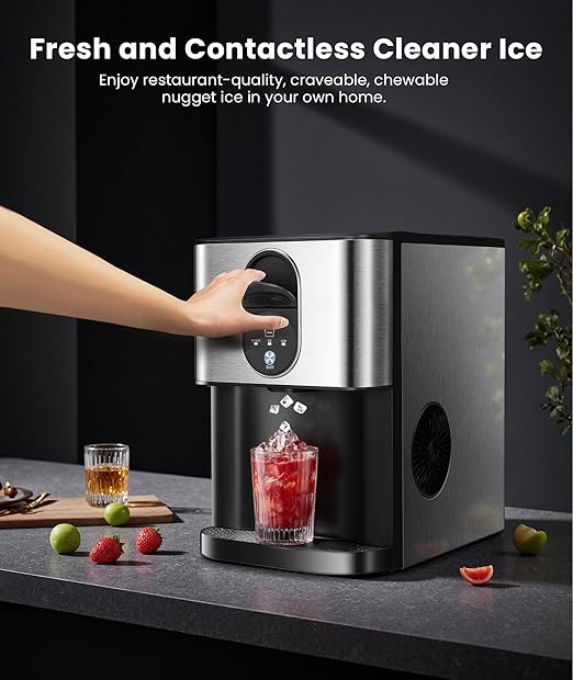 Nugget Ice Makers Countertop, Pellet Ice Maker Machine Dispenser with Water Reservoir with 44lbs/24H, Self-Cleaning, Soft Chewable Ice Maker Machine for Home/Kitchen/Office, Silver Stainless-Ruum Studio Home