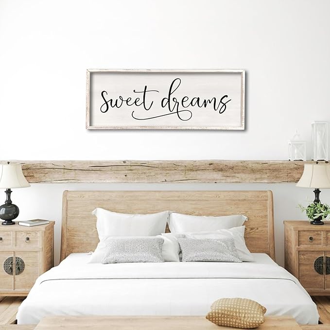 comurdyo Sweet Dreams Wall Decor Above Bed Sign 40" x 15" Master Bedroom Wooden Antique Framed Large Rustic Farmhouse Guest Room Beautiful Simple Hanging Plaque Over Bed Wall Art (White)-Ruum Studio Home