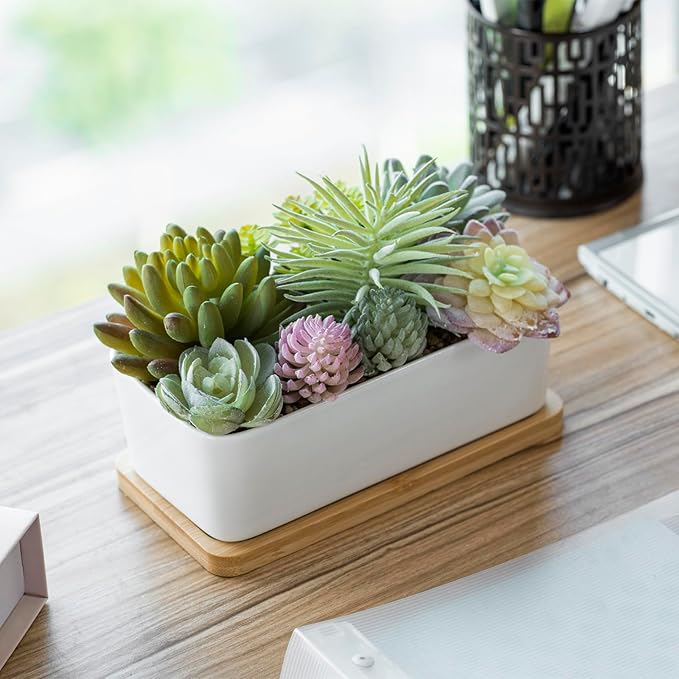 MyGift Assorted Artificial Succulent Plant Arrangement Potted in White Ceramic Planter Pot with Removable Bamboo Tray-Ruum Studio Home