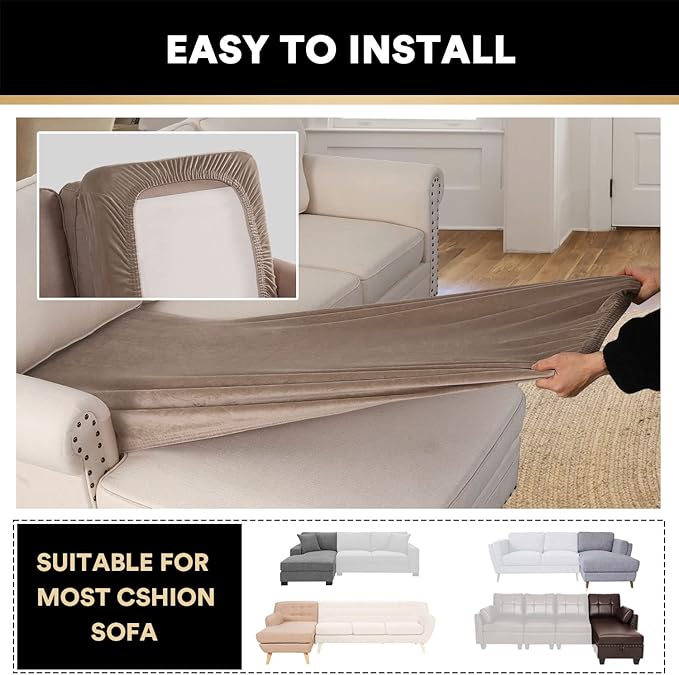 PrinceDeco Sectional Couch Covers Velvet Couch Cover for Dogs Washable L Shaped Couch Cover 1 Piece Individual Sectional Couch Covers with Elastic Bottom(Chaise Lounge,Taupe)-Ruum Studio Home
