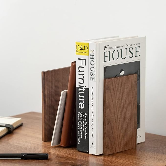 Muso Wood Handmade Walnut Book Ends, Non-Skid Bookends for Shelves, Large Sturdy Book Ends for Heavy Books, Decorative Book Shelf (3 Pairs)-Ruum Studio Home