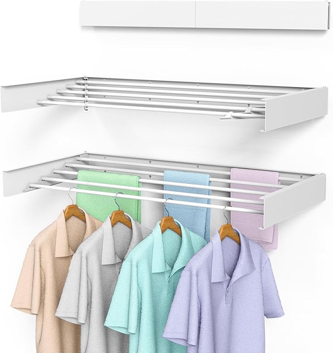 Laundry Drying Rack Collapsible, Wall Mounted Clothes Drying Rack, Space Saving Drying Rack for Laundry, 40" Wide, 16.5 Linear Ft, 5 Aluminum Rods, 60 lb Capacity (White 40")-Ruum Studio Home