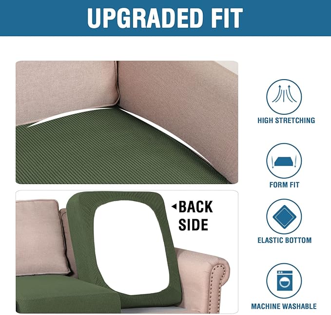 H.VERSAILTEX Super Stretch Individual Seat Cushion Covers - Sofa & Couch Cushion Slipcover Sets - Thick Jacquard Textured Twill Fabric (3 Piece XL Sofa Cushion Covers, Bronze Green)-Ruum Studio Home