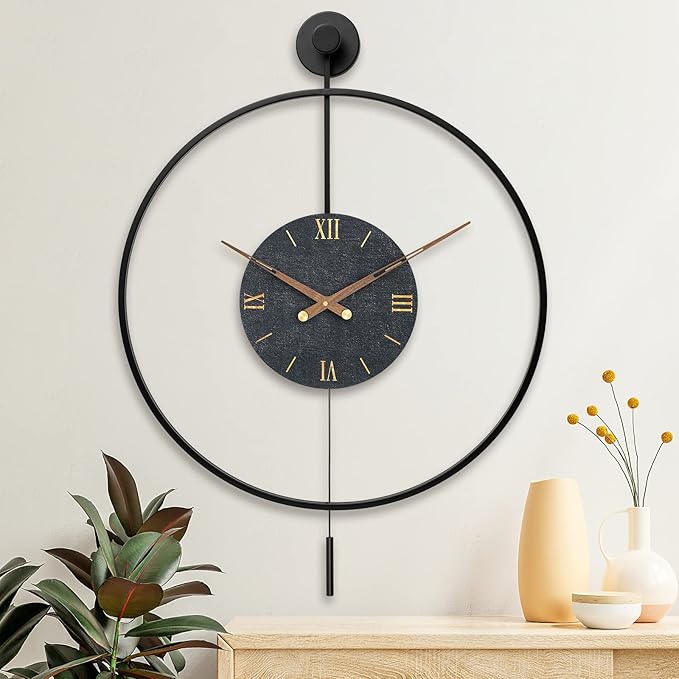 Large Modern Wall Clock,Wall Clocks for Living Room Decor,Classical Silent Metal Minimalist Walnut Dial,Big Decorative Farmhouse Pendulum Wall Clock With Walnut Pointers for Office,Dining Room-Ruum Studio Home