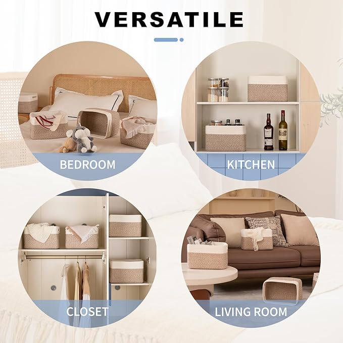 4 Pack Storage Baskets for Organizing, Woven Baskets for Shelves - Perfect for Toys, Books, Towels, and Clothes, Durable Gift Basket Bins Toy Storage, 12.7''Lx9''Wx7.8''H, Brown & White-Ruum Studio Home