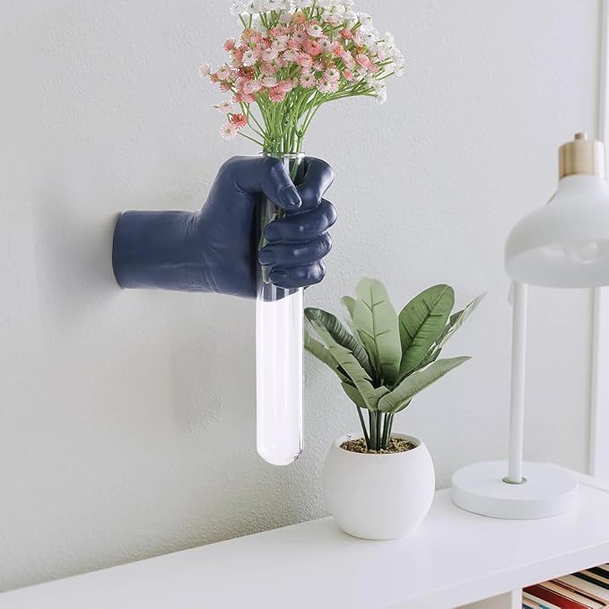 Blue Wall Sculpture,Wall Art Bedoroom,Hand Vase,Funky Flower Vase Decorations,Unique Wall Statue,Home Decor Art-Ruum Studio Home