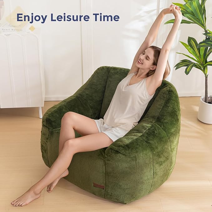 MAXYOYO Bean Bag Chair, Comfy Bean Bag Sofa with Back Support, Faux Fur Bean Bag Chair for Adults and Kids, Stuffed Floor Sofa for Living Room, Bedroom, Apartment, Green-Ruum Studio Home