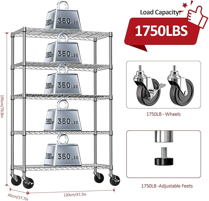 IZEUK 5-Tier Storage Shelving Unit with Wheels, Adjustable Heavy Duty Steel Wire Rack Organizer (Chrome, 17.7" D x 47.2" W x 76.7" H, 1750 lbs Capacity) for Garage, Kitchen, Pantry, Laundry, Basement-Ruum Studio Home
