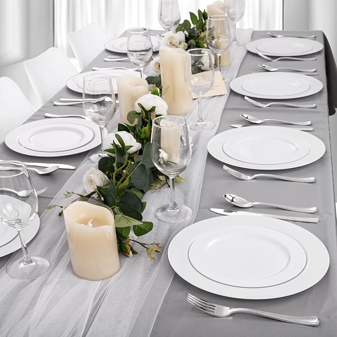 FLOWERCAT 60PCS White Plastic Plates - Heavy Duty White Disposable Plates for Birthday Party/Wedding -serve for 30 guests Include 30PCS 10.25" Dinner Plates & 30PCS 7.5" Dessert Plates for Party-Ruum Studio Home