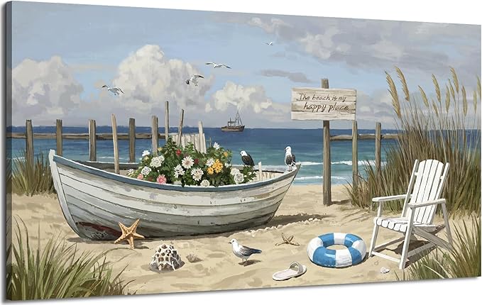 amatop Large Coastal Wall Art Nautical Beach Canvas Art Print Flower-Filled Boat on Sand Ocean Waves Seaside Seascape ArtworkSea Birds Marine Picture Home Decor for Living Room Bedroom Office 48×24 Inch-Ruum Studio Home