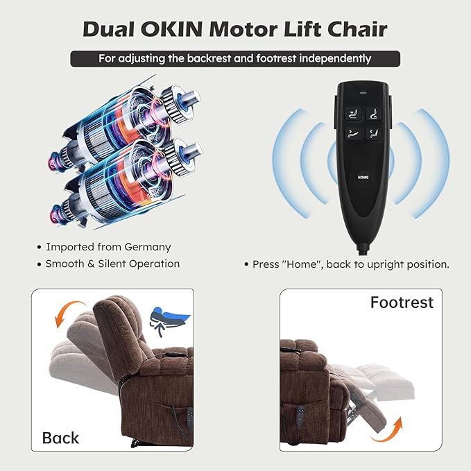 Dual Motor Power Lift Recliner Chair with Massage and Heat for Elderly People, Infinite Position, Brown Recliner Chair, Chenille Fabric Lift Chair-Ruum Studio Home