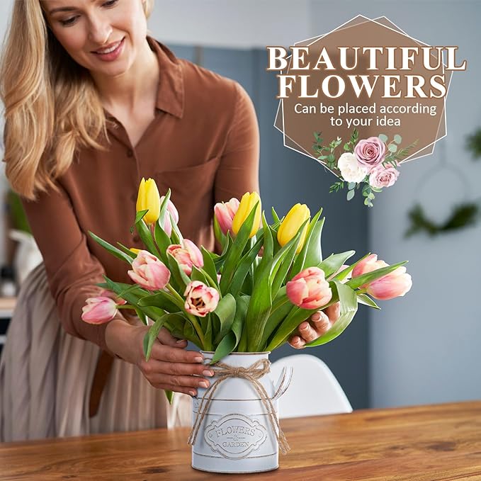 6 Inch Farmhouse Vase Decor Milk Can Vintage Flower Jug Galvanized Metal Vase with Handle Rustic Flower Buckets for Thanksgiving Christmas Table Centerpiece Weddings Gifts(Retro White,2 Pcs)-Ruum Studio Home