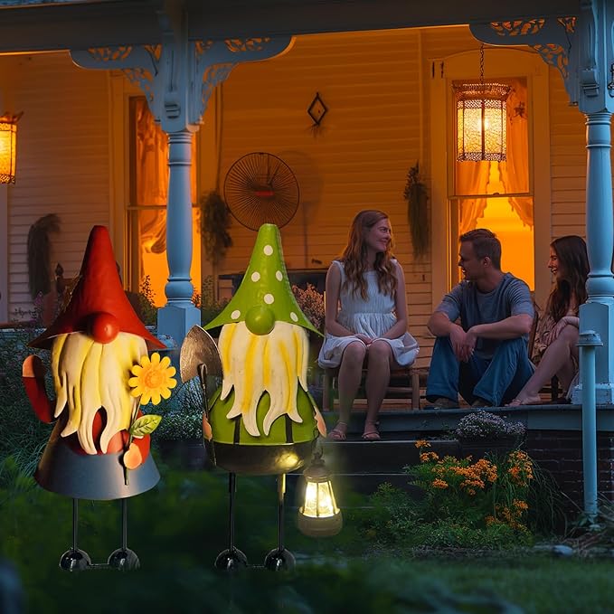 HONGLAND Solar Metal Gnome Yard Art -18 Inch Garden Gnomes Statues Outdoor Decor with Solar Lantern Lights -3D Outdoor Figurines for Patio Yard Lawn Porch Ornament Gardening Gifts-Ruum Studio Home
