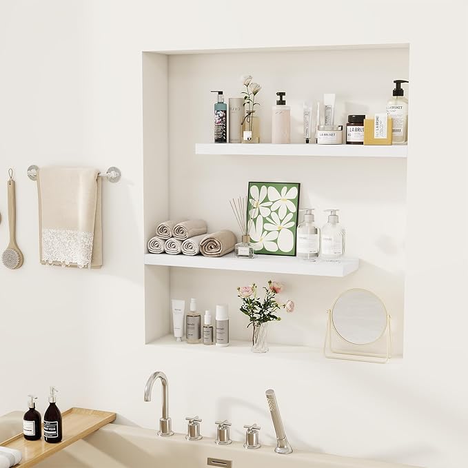 Fun Memories Floating Shelves for Wall, 24" Rustic Wood Deep Wall Mounted Shelves with Invisible Brackets for Decor & Storage, Floating Shelf for Living Room, Bathroom (White, Set of 2)-Ruum Studio Home