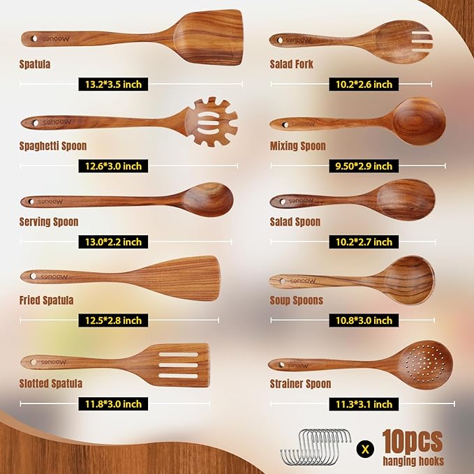Wooden Spoons for Cooking, 10PCS Teak Wood Cookware Utensil Set with Hooks - Smooth Finish, Non-Stick, Comfortable Grip, Heat Resistant Kitchen Utensils-Ruum Studio Home