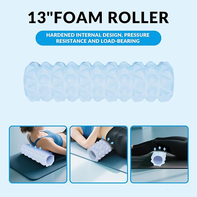 7 in 1 Foam Roller,Products Include Foam shafts,Muscle Roller Bars,Leg Massagers,Fascia Balls,Stretch Bands,8-Shaped Resistance Bands,are Used for Full-Body Relax,Yoga(White Pink Blue) (Blue)-Ruum Studio Home