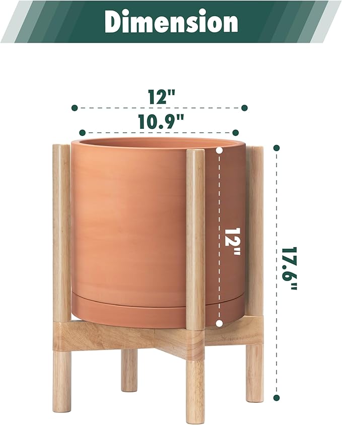 D'vine Dev Terracotta Planter with Natural Stand - 12 Inch Modern Round Flower Pot with Wood Planter Holder, Terracotta, 55-B-J-5-Ruum Studio Home