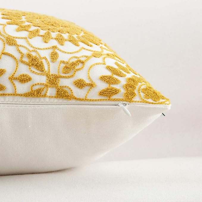 HWY 50 Mustard Yellow Decorative Throw Pillow Covers 18x18 Inch, Pack of 2 Embroidered Cotton Farmhouse Cushion Cover Pillow Case for Sofa Couch Living Room Bed Bedroon, Little Sunflower Design-Ruum Studio Home
