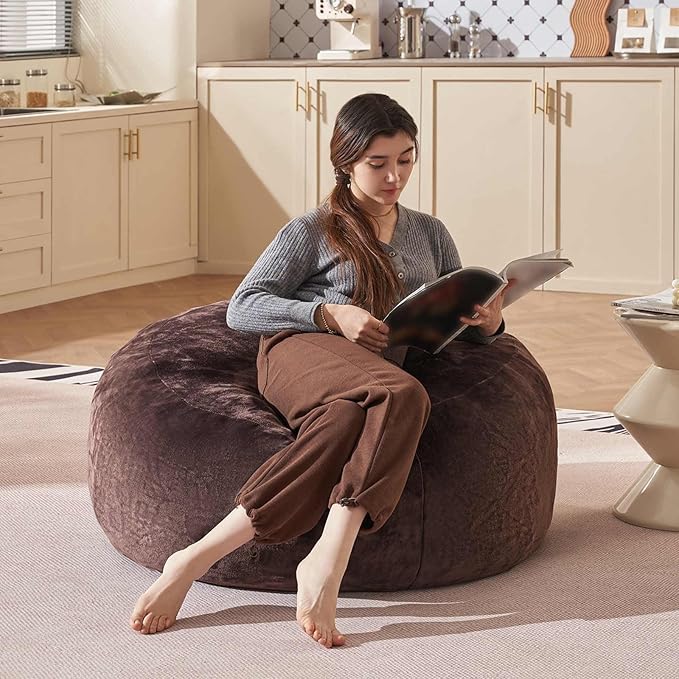 Bean Bag Chair 3Ft, Memory Foam Filled, Large Beanbag Chairs for Adults and Teens, Soft Sofa with Removable Flannel Cover, Round Couch for Living Room Bedroom College Dorm (Brown, 3FT-36×36"×24")-Ruum Studio Home