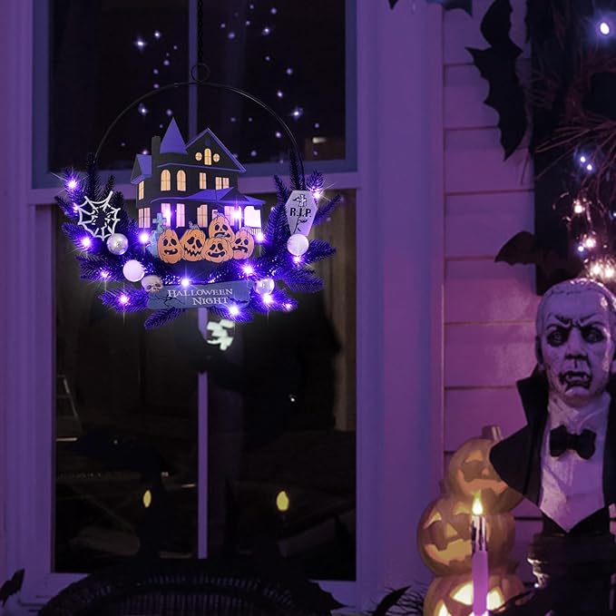 Lighted Halloween Wreaths for Front Door, Welcome Metal Wooden Door Wreath Decor Hanging Sign, 30 LED Lighted Wall Decor Battery Operated for Halloween Indoor Outdoor (Pumpkin)-Ruum Studio Home