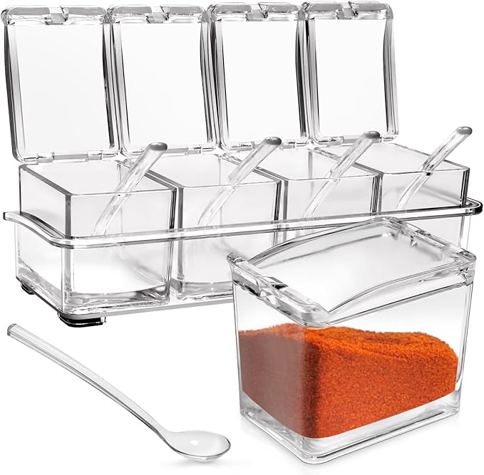 4-Cell Clear Seasoning Rack Spice Box, Storage Container Condiment Jars Acrylic Seasoning Box with Cover and Spoon (Enhanced Version Clear)-Ruum Studio Home
