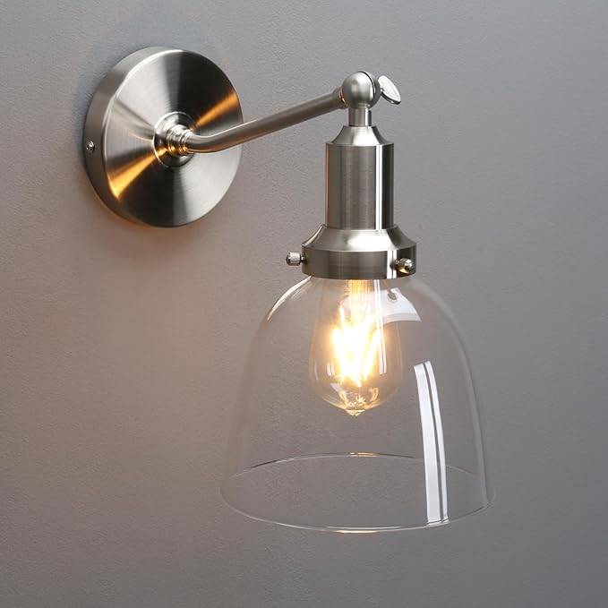 PERMO Industrial Vintage Slope Pole Wall Mount Single Sconce with 6.7" Oval Dome Clear Glass Shade Wall Sconce Light Lamp Fixture (Brushed Nickel)-Ruum Studio Home