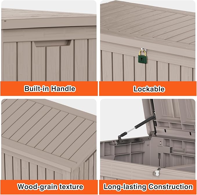 150 Gallon Outdoor Storage Cabinet, Large Outdoor Storage Box for Patio Furniture Covers, Cushion Pillows, Waterproof Deck Box with Lockable Lid for Garden Tools, Pool Accessories, Taupe-Ruum Studio Home