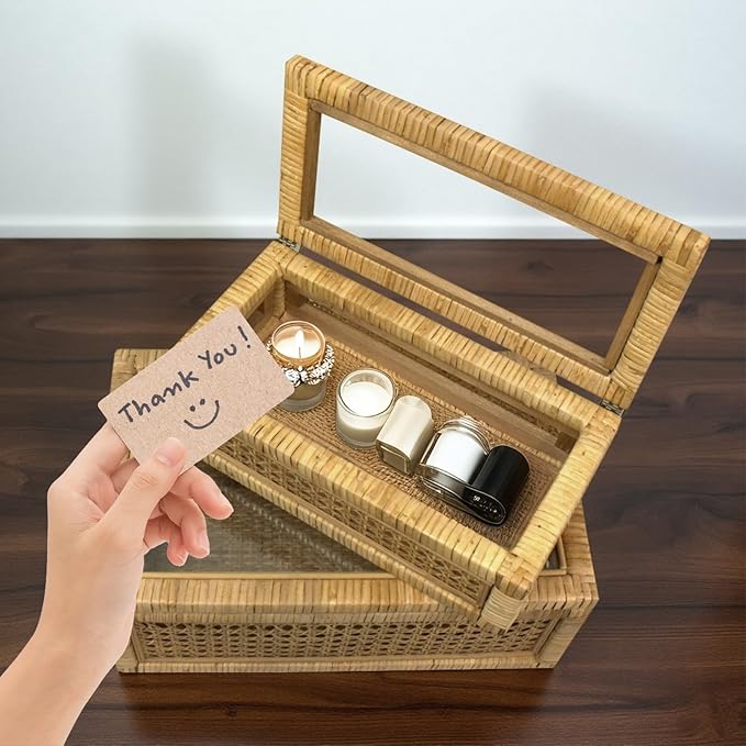Rattan Box for Home Decor with Lid - Rectangular Coastal Bohemian Style Stackable Decorative Storage Box Set - Handmade from Natural Rattan, Cedar & Real Glass-Ruum Studio Home